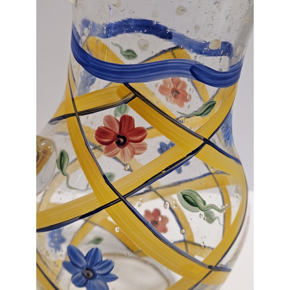 Glass Pitcher Yellow Floral Lattice Design 11" Vintage Hand Blown Painted - Picture 6 of 9